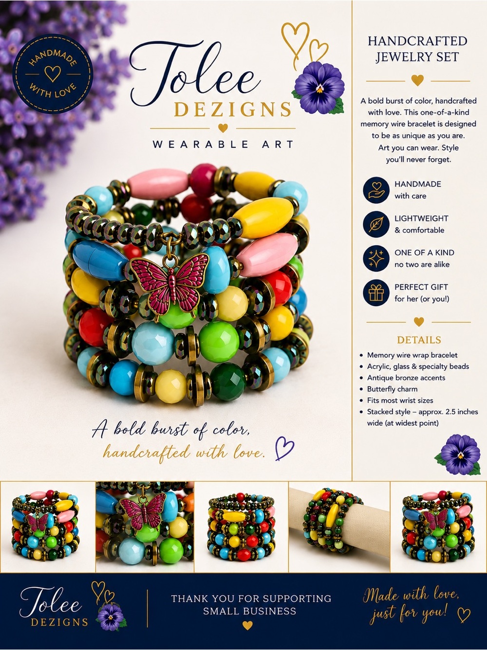 Colorful Beaded Coil Bracelet with Butterfly Charm - Multi